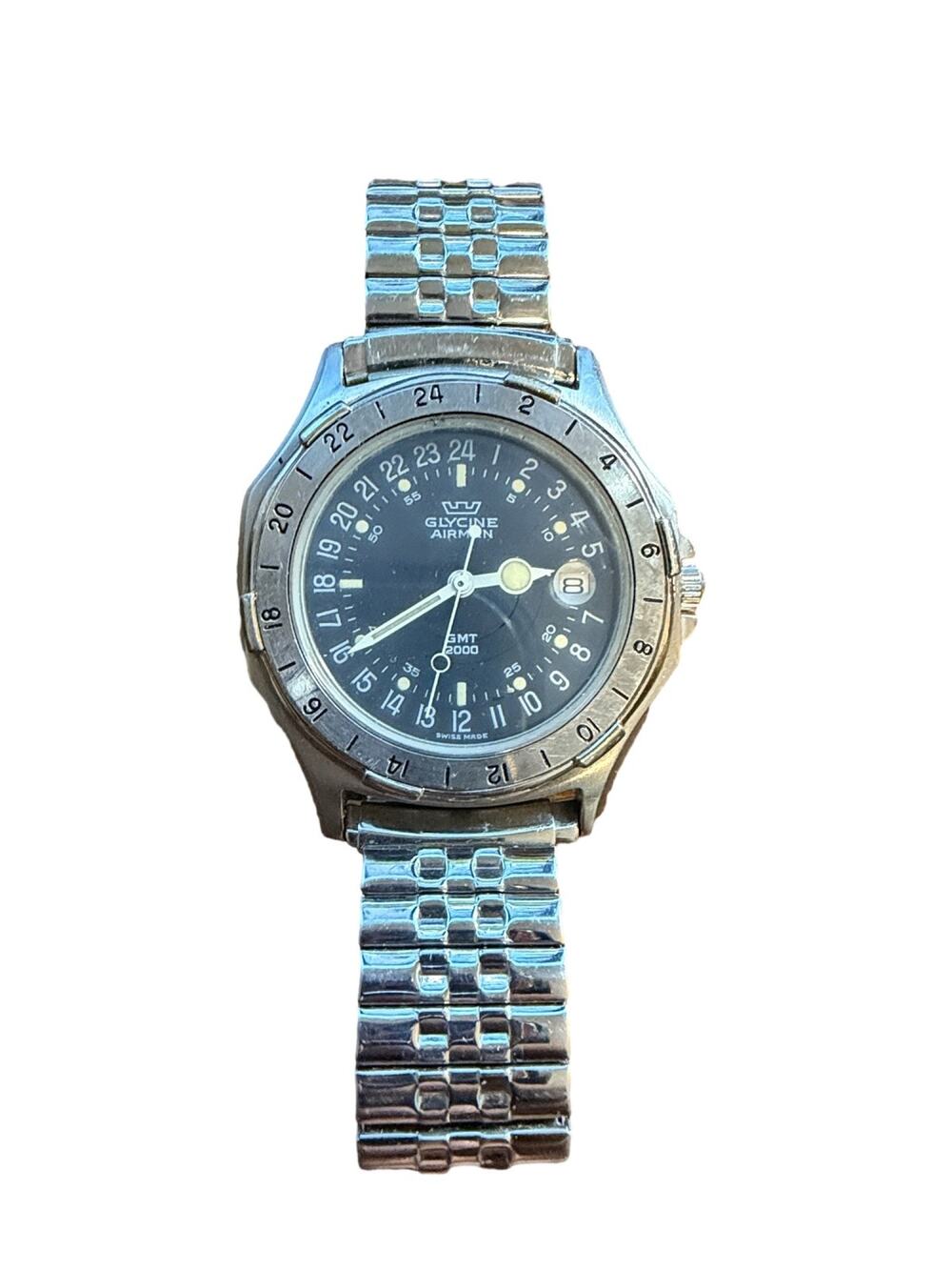 Glycine Airman 2000 GMT Swiss Quartz Watch 38mm 24-Hour Black Dial
